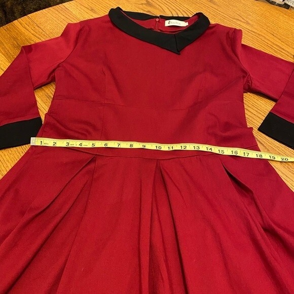 ReoRia Scarlet Red 50s Vintage Long Sleeve Large Pleated Dress - Picture 6 of 10